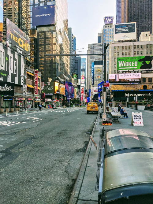The view from the 50th Street subway entrance in NYC on July 17, 2020. This place is usually teeming with people
