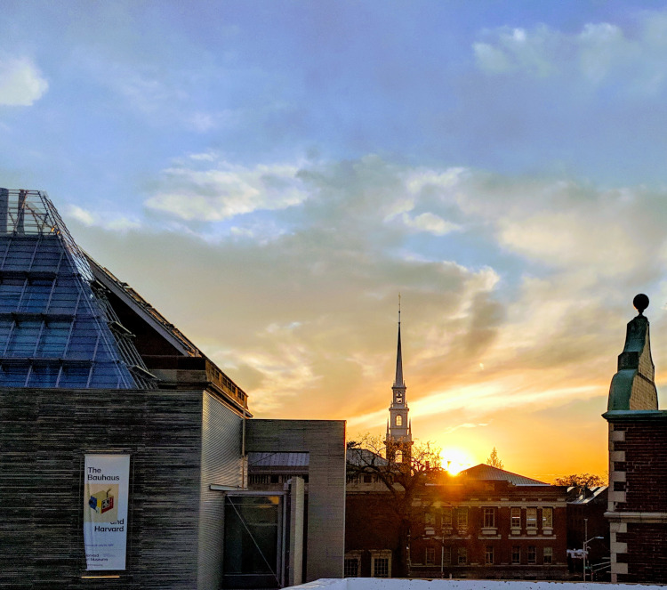 Sunset behind the church steeple at the Harvard campus in Cambridge, MA.